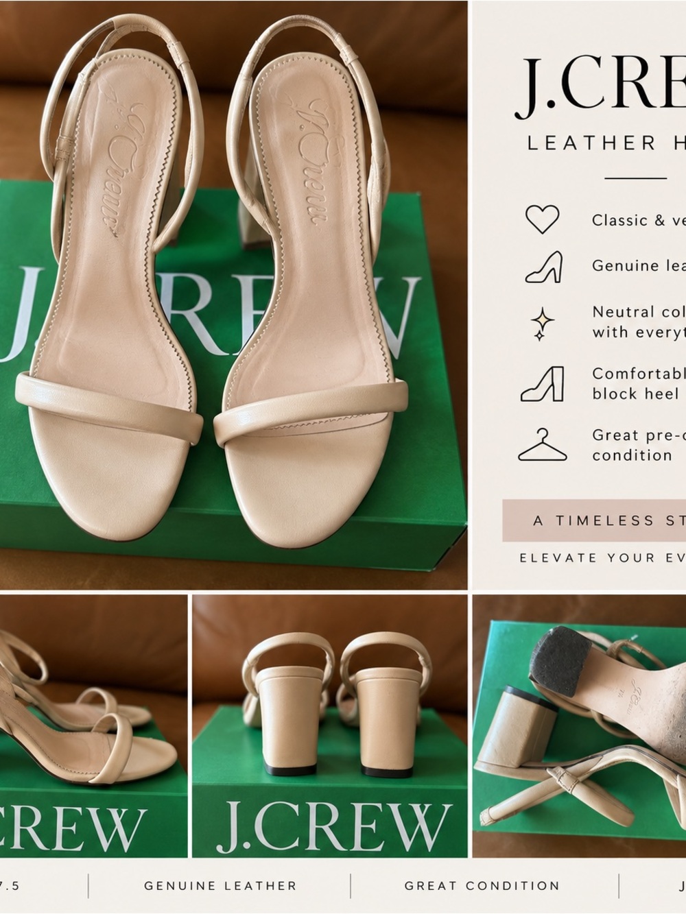 J. Crew Beige Leather Slingback Block Heel Sandals